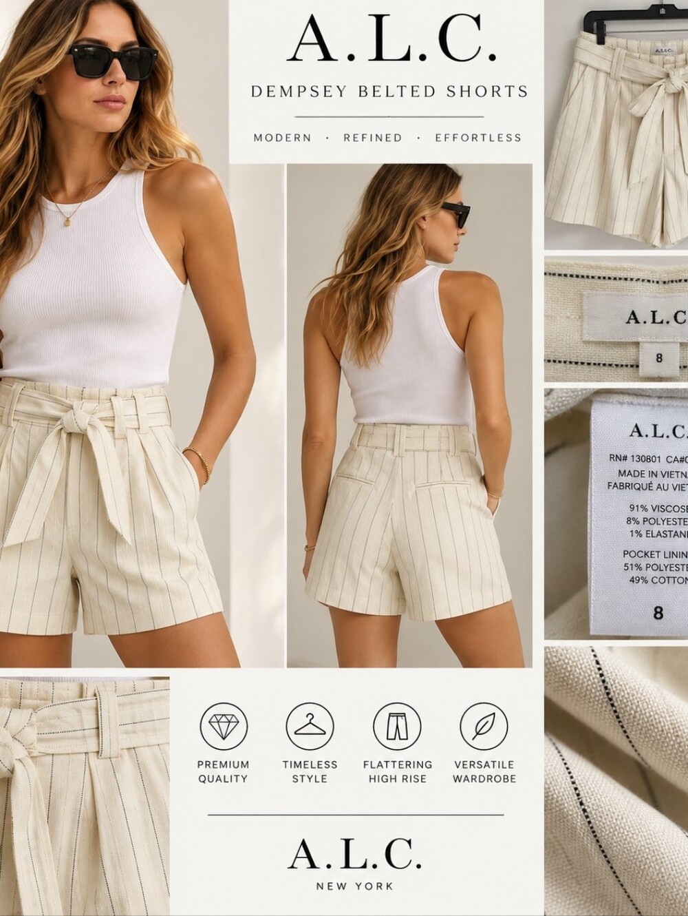 A.L.C. Dempsey Belted Pinstripe High-Rise Shorts - Cream/Black - Size 8